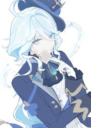 Rule 34 | 1girl, ascot, blue ascot, blue brooch, blue gemstone, blue hat, blue jacket, drop-shaped pupils, furina (genshin impact), gem, genshin impact, hat, heterochromia, highres, jacket, mismatched pupils, multicolored hair, solo, streaked hair, symbol-shaped pupils, theallarosa, top hat, upper body