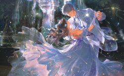 1boy 1girl absurdres blue_eyes breasts brown_hair chimmyming closed_eyes collared_shirt couple dancing dress earrings fountain gloves grey_hair hair_ornament hand_on_another&#039;s_back happy hetero highres holding_hands jacket jewelry lapels layered_dress light_particles long_hair long_sleeves looking_at_another love_and_deepspace medium_breasts necktie night off-shoulder_dress off_shoulder outdoors pants parted_lips profile protagonist_(love_and_deepspace) purple_necktie shirt short_hair strapless strapless_dress tree vest water white_dress white_gloves white_jacket white_pants white_shirt xavier_(love_and_deepspace)