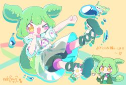 1girl :3 absurdres artist_name blush_stickers closed_mouth flip-flops flower full_body green_hair highres holding holding_brush long_hair nekomo_(yumenkmc) one_eye_closed open_mouth pink_ribbon raincoat ribbon sandals see-through_clothes see-through_raincoat shirt shorts suspender_shorts suspenders tail utau voiceroid voicevox water_drop white_shirt yellow_background yellow_eyes