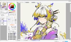 Rule 34 | 1girl, arknights, art program in frame, bare shoulders, blonde hair, chinese commentary, closed mouth, colored extremities, commentary request, dragon girl, dragon horns, flower, green eyes, hair between eyes, hair flower, hair intakes, hair ornament, hair over shoulder, hand on own chest, highres, horns, light smile, long hair, looking at viewer, official alternate costume, painttool sai, pink pupils, purple hair, screencap, shu (arknights), shu (spring feast) (arknights), solo, unfinished, white hair, zongzhi shi luguo