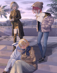 4girls animal_ear_fluff animal_ears aran_sweater black_hairband blanket blonde_hair blue_hair blue_scarf blunt_bangs boots bottle bow_hairband breasts brown_skirt brown_sweater building newsboy_cap cable_knit closed_eyes coat cold crossed_arms cuddling dark-skinned_female dark_elf dark_skin denim down_jacket drooling earrings elf fang floating_earrings fur-trimmed_footwear fur_scarf fur_trim gradient_hair grey_hair hair_bun hairband hat heart heart_necklace heterochromia high-waist_skirt highres hikimayu holding holding_bottle hololive hololive_fantasy houshou_marine jacket jeans jewelry knit_hat lamppost lapels light_blush long_hair long_skirt long_sleeves looking_down medium_hair mouth_drool multicolored_hair multiple_girls necklace open_clothes open_jacket open_mouth padded_jacket palm_leaf pants plaid_clothes plaid_coat pointy_ears rabbit_ears red_hair road scarf shino_12a shiranui_flare shirogane_noel shirt shirt_tucked_in shoes short_eyebrows sidelocks sidewalk sitting sitting_on_stairs skin_fang skirt sky sleeping sleeping_on_person smile sneakers stairs standing street sweater thigh_boots thighhighs turtleneck turtleneck_shirt usada_pekora virtual_youtuber white_hairband white_scarf white_shirt white_skirt white_stripes white_thighhighs winter_clothes winter_coat wrapped_in_blanket