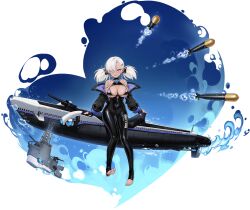 Rule 34 | 1girl, azur lane, bodysuit, braid, breasts, character name, cleavage, dark-skinned female, dark skin, fingerless gloves, gloves, hair ornament, hair over one eye, herring (azur lane), highres, k.t.cube, large breasts, long hair, long sleeves, looking at viewer, official art, sitting, skin tight, submarine, toeless legwear, toes, torpedo, watercraft, white hair