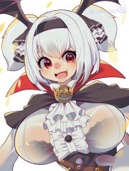 Rule 34 | 1girl, :3, :d, alvis (last origin), black bra, black capelet, black hair, blush, bra, breasts, brooch, capelet, center frills, corset, frilled hairband, frills, gloves, goth fashion, gothic lolita, hair between eyes, hairband, head wings, high collar, highres, jewelry, lace, lace-trimmed bra, lace trim, large breasts, last origin, lolita fashion, looking at viewer, neck ruff, open mouth, pixiv id, red eyes, see-through clothes, see-through shirt, shirt, signature, simple background, smile, solo, teeth, tongue, twintails, twitter username, umigarasu (kitsune1963), underwear, vampire, white background, white hair, wings