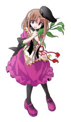 1girl alphes_(style) apron black_hat black_socks blush brown_hair capelet commentary_request dairi damaged defeat dress full_body hat holding kneehighs leaf long_hair mary_janes myouga_(plant) nishida_satono open_mouth parody puffy_short_sleeves puffy_sleeves purple_dress purple_eyes purple_shoes red_ribbon ribbon shoes short_sleeves sidelocks socks solo standing style_parody tachi-e tassel tate_eboshi tears touhou transparent_background waist_apron white_apron white_capelet