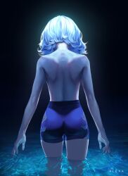 1girl absurdres artist_logo ass dark_background from_behind furina_(genshin_impact) genshin_impact grey_hair hashtag-only_commentary highres logo m_alexa short_hair short_shorts shorts shoulder_blades solo topless_female wading