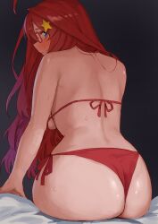 1girl absurdres ahoge amog ass back backboob bikini blue_eyes breasts glasses go-toubun_no_hanayome hair_ornament highres huge_ass large_breasts long_hair looking_at_viewer looking_back nakano_itsuki red_bikini red_hair sitting star_(symbol) star_hair_ornament swimsuit thong_bikini wide_hips