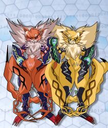 Rule 34 | 2girls, armor, breasts, cat girl, corruption, digimon, digimon (creature), highres, large breasts, meicrackmon, meicrackmon vicious mode, monster girl, multiple girls, one eye closed, purification, smile, tail, wink