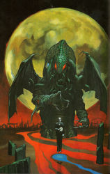 1boy call_of_cthulhu claws cosmic_horror cthulhu cthulhu_mythos floating full_body full_moon glowing glowing_eyes h.p._lovecraft hat highres holding holding_unworn_clothes holding_unworn_hat horror_(theme) kaida_yuji liquid literature monster moon r&#039;lyeh red_eyes reflection ruins scales tentacles traditional_media unworn_hat unworn_headwear wings