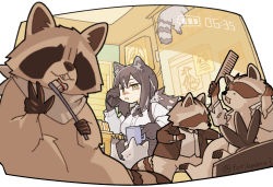 Rule 34 | 1girl, absurdres, animal, animal ear fluff, animal ears, arknights, black necktie, brown hair, collared shirt, comb, cross tie, cup, ear piercing, earclip, electric fan, freckles, highres, holding, holding comb, holding cup, holding toothbrush, indoors, konno akikaze, long sleeves, mug, multicolored hair, necktie, open mouth, piercing, ponytail, raccoon, raccoon ears, raccoon girl, raccoon tail, robin (arknights), shirt, solo, streaked hair, tail, toothbrush, toothpaste, tuxedo, white background, white hair, white shirt, yellow eyes