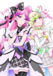 Rule 34 | 2girls, bare arms, bare shoulders, black gloves, black hair, black socks, blonde hair, blowing kiss, blunt bangs, boots, bracelet, braid, bubble skirt, choker, cure kiss, cure zukyuun, curly sidelocks, dress, earrings, elbow gloves, finger gun, fortissimo, frilled dress, frilled ribbon, frilled skirt, frilled sleeves, frills, gingham dress, gloves, green hair, hair extensions, hair ornament, hair ribbon, hair tie, hair wings, half gloves, heart, heart-shaped lock, heart-shaped pupils, highres, jewelry, kimi to idol precure, knee boots, kneehighs, long hair, meroron (human form), multiple earrings, multiple girls, musical note, musical note hair ornament, off shoulder, parted bangs, pearl earrings, pink hair, precure, puffy dress, puffy short sleeves, puffy sleeves, puririn (human form), purple dress, purple eyes, red eyes, ribbon, ribbon choker, short dress, short sleeves, single kneehigh, single sock, skirt, socks, symbol-shaped pupils, twintails, uta (yagashiro25), very long hair, watermark, white dress, white gloves, wing hair ornament, wrist cuffs