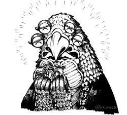 1boy alien beak blinking_inside_eyes commentary_request croco_seijin facial_hair fangs feathers greyscale happy hatching highres holding holding_mushroom japanese_clothes male_focus monochrome mushroom mustache notice_lines portrait robe simple_background solo translation_request twitter_username ultra_series ultraman_arc_(series) ushimaki_moco_(artist)