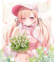 Rule 34 | 1girl, bare shoulders, baseball cap, black choker, blonde hair, breasts, choker, cleavage, clothing cutout, commentary request, commission, crop top, fake horns, gradient hair, grin, hair ornament, hair ribbon, hairclip, hat, heart cutout, highres, horned headwear, horns, long hair, long sleeves, looking at viewer, medium breasts, midriff, miyagi ratona, momose nina, multicolored hair, navel, pink hair, pink shirt, project nebula, red eyes, ribbon, shirt, shoulder cutout, shrug (clothing), sleeveless, sleeveless shirt, smile, solo, stomach, twintails, upper body, very long hair, virtual youtuber, white shrug