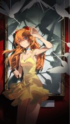 1girl bare_arms bare_shoulders bird blue_choker blue_eyes choker closed_mouth dress hair_between_eyes highres holding long_hair neon_genesis_evangelion official_alternate_costume omurice_(304975636) one_eye_closed orange_hair shaded_face sidelocks solo souryuu_asuka_langley two_side_up yellow_dress