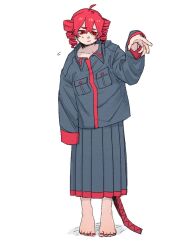 Rule 34 | 1girl, ahoge, arm at side, atsuko (222atuko), barefoot, black shirt, black skirt, closed mouth, collared shirt, drill hair, flying sweatdrops, frown, full body, furrowed brow, hand up, kasane teto, kasane teto (utau), long skirt, long sleeves, looking down, oversized clothes, red eyes, red hair, red nails, shirt, short hair, simple background, single sleeve past fingers, skirt, solo, standing, thick eyebrows, twin drills, utau, white background
