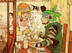 1boy 1girl apron arms_(game) beanie blonde_hair bob_cut bowl bracelet chinese_clothes chopsticks colored_extremities eye_mask green_eyes green_hair hat hood hoodie jewelry kakiyakee_(k_key_5) min_min_(arms) restaurant short_hair