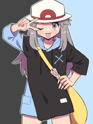 1girl :p alternate_costume bag black_background blue_background eyelashes grey_eyes grey_hair hand_on_own_hip hat highres leaf_(pokemon) long_hair nintendo one_eye_closed pokemon pokemon_frlg pumpkinpan shoulder_bag simple_background solo standing tongue tongue_out two-tone_background v v_over_eye white_hat yellow_bag