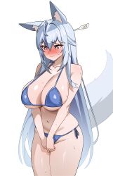 Rule 34 | 1girl, 3:, absurdres, ahoge, animal ears, bikini, blue bikini, blush, breasts, cleavage, closed mouth, commission, cowboy shot, embarrassed, flower-shaped pupils, fox ears, fox girl, fox tail, hair ornament, hairpin, halterneck, highres, large breasts, long hair, looking back, multicolored hair, myangdu, navel, nose blush, original, red eyes, side-tie bikini bottom, simple background, solo, stomach, streaked hair, string bikini, sweat, swimsuit, symbol-shaped pupils, tail, thighs, v arms, very long hair, white background, white hair