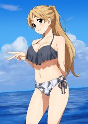 1girl absurdres arm_behind_back bare_arms bare_legs bikini blonde_hair blue_eyes blue_sky blurry blurry_background breasts cloud collarbone frilled_bikini_top grin highres k-on! kicchi_(tmgk) kotobuki_tsumugi large_breasts light_blush long_hair looking_at_viewer navel ocean ponytail sky smile swimsuit thick_eyebrows v