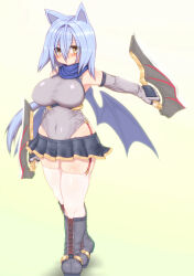 Rule 34 | 1girl, animal ears, bare shoulders, bat wings, blue boots, blue hair, blue scarf, blue skirt, blue wings, blush, bodysuit, boots, breasts, curvy, delucky alma, dual wielding, emil chronicle online, garter straps, highres, holding, holding weapon, large breasts, long hair, looking at viewer, miniskirt, rafoll, scarf, simple background, skirt, solo, standing, thick thighs, thighhighs, thighs, weapon, white thighhighs, wide hips, wings, yellow eyes