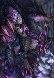 1girl black_scales breasts clawed_hands claws dragon dragon_wings gore_magala highres horns monster monster_focus monster_hunter_(series) no_humans open_mouth purple_claws saito_sans sharp_teeth solo spiked_wings tail teeth wings