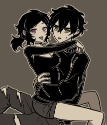 1boy 1girl andrew_graves ashley_graves black_choker black_hair black_shirt breasts bright_pupils brother_and_sister brown_background chira_fh choker cleavage green_eyes hair_between_eyes hashtag-only_commentary highres hug long_sleeves looking_at_viewer medium_breasts pants pink_eyes sepia shirt short_shorts shorts siblings simple_background sitting spot_color straddling sweat teeth the_coffin_of_andy_and_leyley tongue tongue_out torn_clothes torn_pants upper_teeth_only upright_straddle