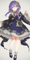 Rule 34 | 1girl, bespin, black bow, black sash, blue cape, blue dress, blue shoes, blunt bangs, bow, bracelet, braid, cape, collar, comiket 106, constellation, crescent, crescent hair ornament, double-parted bangs, dress, earrings, frilled collar, frilled dress, frilled socks, frills, full body, gold bracelet, gold trim, grey background, hair bow, hair intakes, hair ornament, high collar, highres, jewelry, layered dress, looking at viewer, original, pink eyes, purple hair, sash, shoes, socks, solo, star (symbol), star earrings, star hair ornament, star map, tassel, twin braids, vignetting, white socks