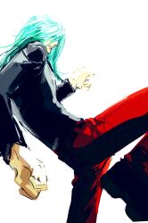 1boy black_jacket black_shoes blue_hair clenched_hand hair_blowing hair_over_eyes jacket leg_lift long_hair long_sleeves pants red_pants remy_(street_fighter) shoes street_fighter street_fighter_iii_(series) toubankaware