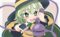 1girl :d absurdres black_hat bright_pupils brown_background chromatic_aberration commentary_request eyeball glint green_eyes green_hair green_skirt hat highres holding holding_knife holding_phone kitchen_knife knife komeiji_koishi kurohiba looking_at_viewer open_mouth phone shirt short_hair skirt smile solo third_eye touhou upper_body variant_set white_background white_pupils yellow_shirt