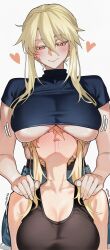 2girls absurdres artoria_pendragon_(fate) artoria_pendragon_(lancer)_(fate) artoria_pendragon_(lancer_alter)_(fate) black_tank_top blonde_hair blood blush breast_rest breasts breasts_on_head cleavage closed_eyes collarbone drooling fate/grand_order fate_(series) hand_on_another&#039;s_shoulder heart highres kamisato_sora large_breasts medium_hair multiple_girls nosebleed selfcest smile sweat tank_top trembling underboob yellow_eyes yuri