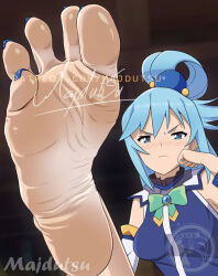 1girl aqua_(konosuba) barefoot blue_eyes blue_hair blush breasts detached_sleeves feet foot_focus foreshortening frown hair_ornament hair_rings kono_subarashii_sekai_ni_shukufuku_wo! long_hair looking_at_viewer majdutsu nail_polish soles solo toenail_polish toenails toes
