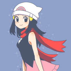 1girl beanie black_eyes black_hair black_shirt closed_mouth commentary_request dawn_(pokemon) eyelashes from_side grey_background hair_ornament hairclip hat highres long_hair looking_at_viewer looking_to_the_side moegi_itsukashi nintendo pink_skirt pokemon pokemon_dppt red_scarf scarf shirt sidelocks signature skirt sleeveless sleeveless_shirt smile solo sparkle white_hat