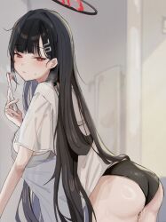 1girl absurdres alternate_costume bent_over black_hair black_panties blue_archive blush bra bra_visible_through_clothes closed_mouth coa_(35_seno) grey_bra hair_behind_ear hair_ornament hairclip highres holding holding_toothbrush long_hair looking_at_viewer panties red_eyes rio_(blue_archive) shirt solo sweatdrop toothbrush underwear white_shirt