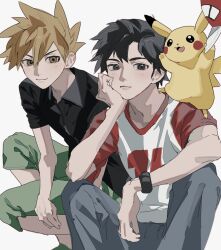 Rule 34 | 2boys, black hair, black shirt, blue oak, brown eyes, brown hair, capri pants, closed mouth, collared shirt, gen 1 pokemon, green pants, hair between eyes, head rest, highres, male focus, multiple boys, nintendo, on shoulder, pants, pikachu, pokemon, pokemon (creature), pokemon on shoulder, pokemon sm, raglan sleeves, red (pokemon), sekaiitinoki, shirt, short hair, smile, spiked hair, squatting