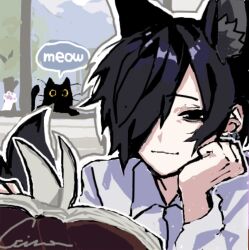 Rule 34 | 1boy, animal, animal ears, black eyes, black hair, book, cat, chino (sky tanosi), commentary request, dog boy, dog ears, dog tail, english text, hair over one eye, holding, holding book, indoors, male focus, original, reading, shirt, short hair, solo, tail, upper body, white shirt, window
