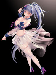 1girl black_background black_shoes blue_eyes blue_hair blush breasts cleavage commission copyright_request detached_sleeves flower grey_hair hair_flower hair_ornament high_heels highres large_breasts layered_skirt mad_kimo median_furrow miniskirt multicolored_hair multicolored_shoes pink_flower pink_rose ponytail purple_shoes rose see-through_clothes see-through_skirt see-through_sleeves shoes skirt snowflake_pupils solo streaked_hair two-tone_shoes white_skirt