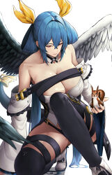 1girl absurdres angel_wings animal asymmetrical_wings bare_shoulders belt black_thighhighs blue_hair boots bow breasts chest_strap cleavage commentary detached_collar detached_sleeves dizzy_(guilty_gear) guilty_gear guilty_gear_xrd hair_intakes hair_ribbon hair_rings high_heels highres holding holding_animal kneeling large_breasts long_hair looking_down mature_female monster_girl on_one_knee parted_lips red_eyes ribbon solo souma_(so_u_maaaaa) squatting squirrel squirrel_tail tail tail_bow tail_ornament tail_ribbon thick_thighs thigh_strap thighhighs thighs twintails very_long_hair white_boots wide_sleeves wings yellow_ribbon