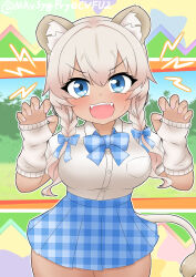 1girl animal_ears blue_bow blue_bowtie blue_eyes blue_skirt blush bow bowtie braid claw_pose cowboy_shot dark-skinned_female dark_skin detached_sleeves fangs hair_between_eyes hair_bow highres kemono_friends kemono_friends_3 lion_ears lion_girl lion_tail mabuta_(mbt) open_mouth plaid_bow plaid_bowtie plaid_clothes plaid_skirt pleated_skirt puffy_short_sleeves puffy_sleeves school_uniform shirt shirt_tucked_in short_hair short_sleeves sidelocks skirt sleeves_past_wrists solo t-shirt tail thumb_hole_sleeves transvaal_lion_(kemono_friends) twin_braids white_hair white_shirt white_sleeves