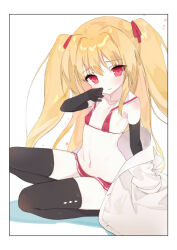 Rule 34 | 1girl, bikini, black gloves, black thighhighs, blonde hair, blush, elbow gloves, flat chest, gloves, irotoridori no sekai, jacket, long hair, looking at viewer, navel, nikaidou shinku, red bikini, red eyes, sailor bikini, sailor collar, sitting, solo, swimsuit, takakura, thighhighs, two side up