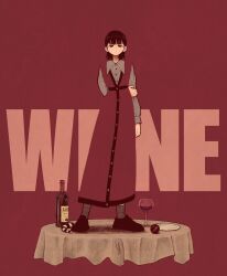 1girl alcohol arm_behind_back ball black_eyes black_hair blending bottle cup dress drinking_glass english_text grey_shirt highres long_sleeves looking_at_viewer medium_hair original plate red_background red_dress shirt solo standing syooooyoooo table wine wine_glass