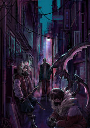 1girl 2boys against_wall alley back_alley building cleaver dual_wielding fur-trimmed_hood fur-trimmed_jacket fur_trim gas_mask ghffhrmfoa44 hand_in_pocket highres holding holding_cleaver hood jacket library_of_ruina mask mccullin_(project_moon) mouth_mask multiple_boys naoki_(project_moon) ninja_mask project_moon red_eyes squatting standing sword taein_(project_moon) urban weapon