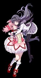 2girls akemi_homura ankle_bow ankle_ribbon argyle_clothes argyle_footwear back_bow black_background black_boots black_capelet black_hair black_hairband boots bow bow_choker bowtie bug buttons capelet center_frills chest_jewel chinese_commentary choker circle_skirt closed_mouth collarbone collared_capelet commentary_request cross-laced_shoes dated dot_nose dress dress_bow eye_contact floating floating_clothes floating_hair frilled_dress frilled_skirt frilled_sleeves frilled_socks frills full_body gem gloves hair_between_eyes hair_bow hairband hand_jewel heads_together high_collar high_heel_boots high_heels highres holding_hands jitome kaname_madoka kneehighs light_blush long_hair looking_at_another magical_girl mahou_shoujo_madoka_magica mahou_shoujo_madoka_magica_(anime) miniskirt moon multiple_girls pale_skin petticoat pink_bow pink_dress pink_eyes pink_gemstone pink_hair pleated_skirt puffy_short_sleeves puffy_sleeves pumps purple_bow purple_bowtie purple_capelet purple_eyes purple_gemstone purple_skirt red_bow red_choker red_shoes ribbon shoes short_dress short_hair short_sleeves short_twintails signature simple_background skirt skirt_under_dress smile socks square_neckline standing tareme thigh_boots twintails two-tone_capelet very_long_hair watermark weikuaixinershengdemengjiang white_dress white_gloves white_skirt white_sleeves white_socks yuri
