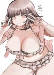 1girl bikini breasts brown_hair cleavage danganronpa_(series) danganronpa_2:_goodbye_despair flipped_hair galaga hair_ornament ikemen&#039;na_ore-shi large_breasts looking_at_viewer medium_hair mole mole_on_breast navel notice_lines pink_bag pink_eyes pink_ribbon ribbon solo swimsuit v w white_bikini