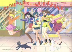 &gt;_&lt; 1990s_(style) 5girls ^_^ aino_minako artemis_(sailor_moon) bishoujo_senshi_sailor_moon boots closed_eyes friends gift happy hino_rei jumping kazu. kino_makoto knee_boots luna_(sailor_moon) mall mizuno_ami multiple_girls official_art open_mouth retro_artstyle shopping sidewalk toei_animation tsukino_usagi window