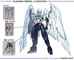 Rule 34 | angel wings, arm cannon, character name, clenched hands, eien project, english text, full body, gundam, gundam aerial, gundam suisei no majo, gundam wing: endless waltz, gunpla, highres, mecha, mecha focus, michaelis (mobile suit), mobile suit, model kit, photo inset, pinguinkotak, purple eyes, redesign, reference sheet, robot, science fiction, sketch, standing, v-fin, weapon, white background, white wings, wing gundam zero custom, wings