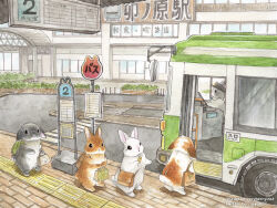 animal animal_ears animal_focus artist_name bag berry_jou bus bus_stop city driving highres motor_vehicle no_humans original outdoors rabbit rabbit_ears rabbit_tail road shoulder_bag street tail traditional_media