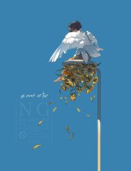 1boy angel angel_wings barefoot blue_sky brown_hair brown_pants dated day falling_petals feathered_wings floating_clothes flower from_behind full_body highres lamppost long_sleeves messy_hair original outdoors pants petals rido_(ridograph) short_hair signature simple_background sitting sky solo spread_wings sunflower watermark white_wings wind wings yellow_flower