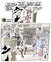 1boy 2koma 6+girls black_dress blue_hair brown_hair carrot comic dildo doll dress genji hakurei_reimu highres hijiri_byakuren kirisame_marisa long_hair matara_okina morichika_rinnosuke multiple_girls poker_face saigyouji_yuyuko sex_shop sex_toy shop strap-on touhou translated tuteheavy unzan yagokoro_eirin yakumo_yukari yasaka_kanako