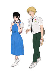 1girl backpack bag black_eyes black_hair black_necktie blonde_hair blue_dress book chainsaw_man collared_shirt denji_(chainsaw_man) dress full_body green_pants highres holding holding_book mitaka_asa myumui necktie pants pinafore_dress school_uniform shirt shoes short_hair sleeveless sleeveless_dress socks white_shirt white_shoes white_socks