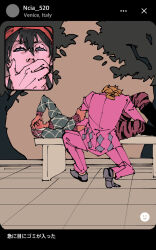 3boys argyle_clothes argyle_sweater black_hair blonde_hair giorno_giovanna guido_mista hat headband highres jojo_no_kimyou_na_bouken kasyuna1225 mixed-language_text multiple_boys narancia_ghirga short_hair sweater turtleneck vento_aureo