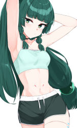 1girl absurdres android armpits arms_behind_head bare_arms black_choker black_shorts camisole choker closed_mouth commentary_request crop_top dolphin_shorts green_camisole green_eyes green_hair hair_bobbles hair_ornament highres isocha long_hair looking_at_viewer navel qingyi_(zenless_zone_zero) short_shorts shorts simple_background solo stomach twintails white_background zenless_zone_zero